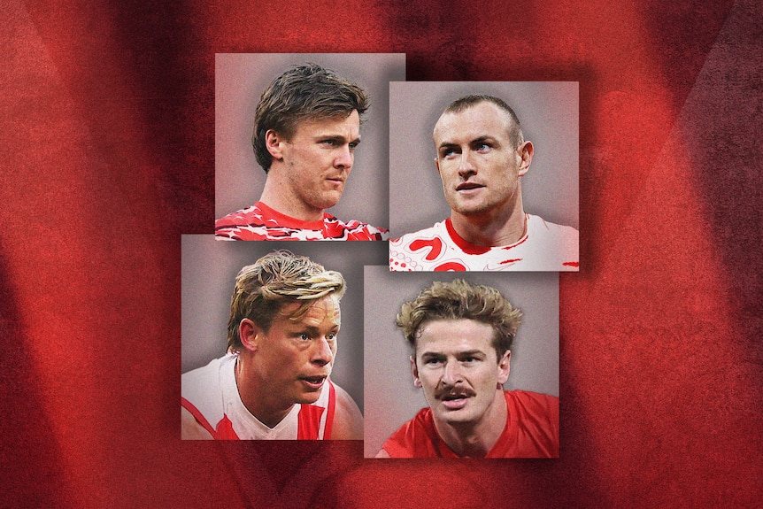 Headshots of Sydney Swans players James Jordon, Chad Warner, Riley Bice and Isaac Heeney.