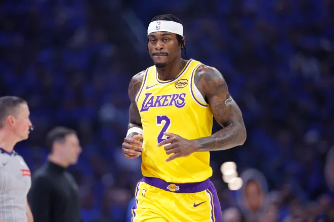 May 5, 2026; Oklahoma City, Oklahoma, USA; Los Angeles Lakers forward Jarred Vanderbilt (2) runs down the court after a play against the Oklahoma City Thunder in the first half during game one of the second round of the 2026 NBA Playoffs at Paycom Center. Mandatory Credit: Alonzo Adams-Imagn Images