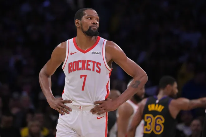 Apr 21, 2026; Los Angeles, California, USA; Houston Rockets forward Kevin Durant (7) looks on from the court during the final minutes of game two of the first round of the 2026 NBA Playoffs at against the Los Angeles Lakers at Crypto.com Arena. Mandatory Credit: Jayne Kamin-Oncea-Imagn Images