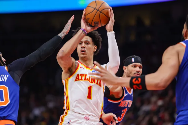 Apr 30, 2026; Atlanta, Georgia, USA; Atlanta Hawks forward Jalen Johnson (1) passes the ball against the New York Knicks in the third quarter during game six of the first round of the 2026 NBA Playoffs at State Farm Arena. Mandatory Credit: Brett Davis-Imagn Images