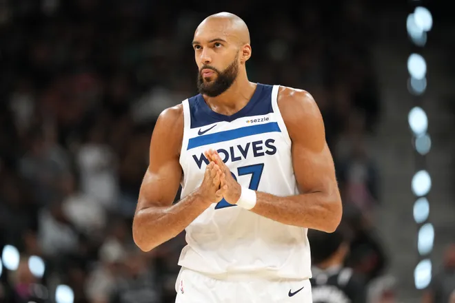 May 12, 2026; San Antonio, Texas, USA; Minnesota Timberwolves center Rudy Gobert (27) during the first half of game five of the first round of the 2026 NBA Playoffs against the San Antonio Spurs at Frost Bank Center. Mandatory Credit: Scott Wachter-Imagn Images