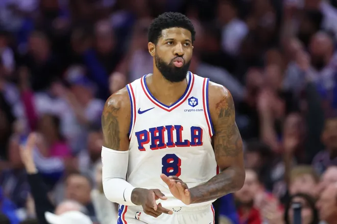 May 8, 2026; Philadelphia, Pennsylvania, USA; Philadelphia 76ers forward Paul George (8) reacts to his three pointer against the New York Knicks during the first quarter of game three of the second round of the 2026 NBA Playoffs at Xfinity Mobile Arena. Mandatory Credit: Bill Streicher-Imagn Images