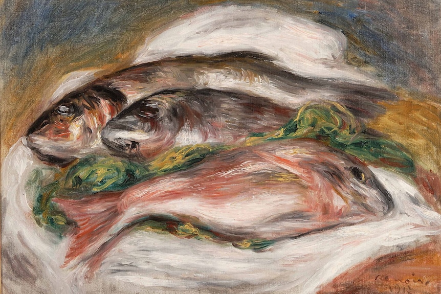 A scanned image of a painted artwork showing two brown and one pink fish on a white patch.