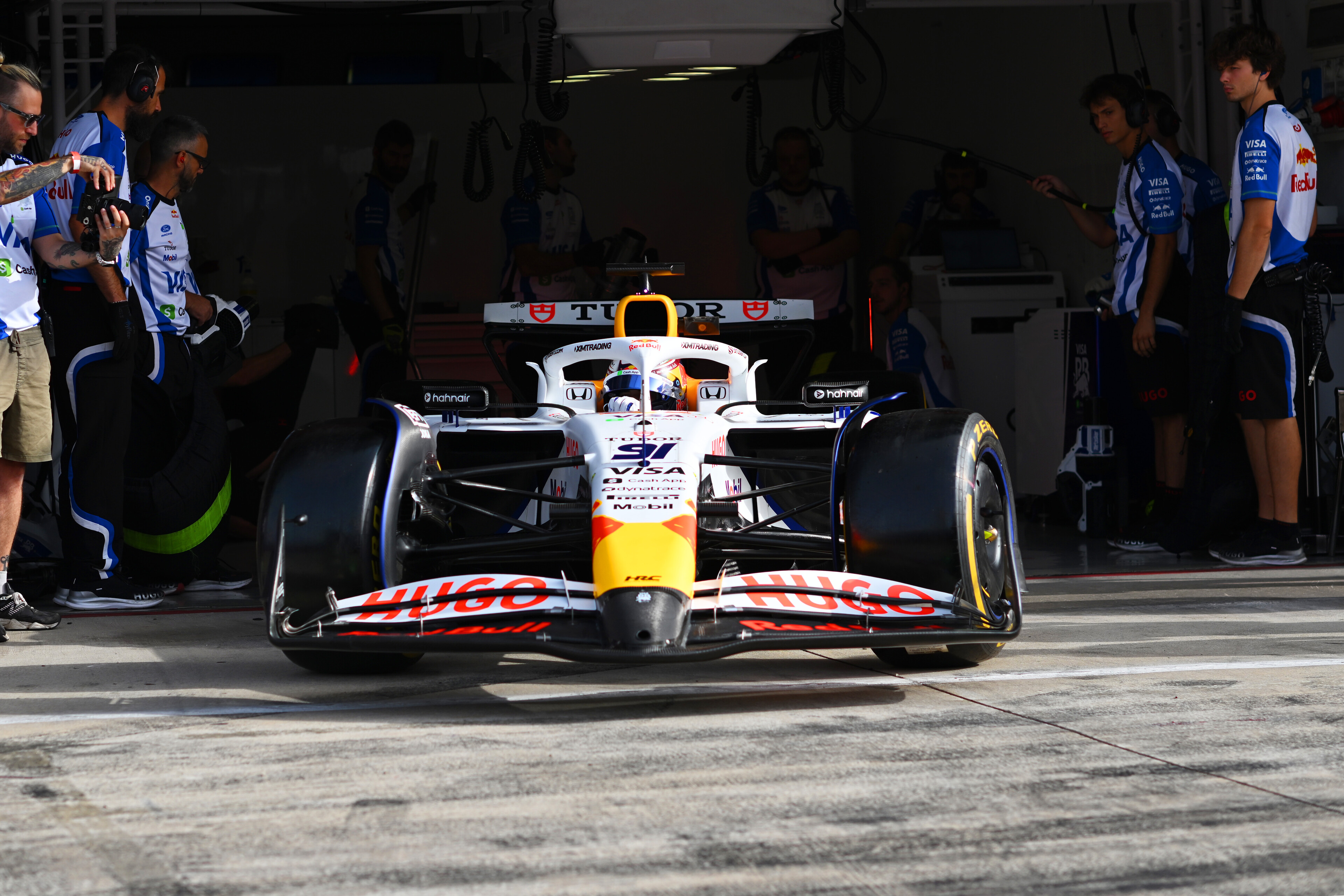 IMOLA, ITALY - AUGUST 27: Nikola Tsolov of Bulgaria and Visa Cash App Racing Bulls leaves the garage during promotional filming activities at Autodromo Enzo e Dino Ferrari on August 27, 2026 in Imola, Italy. (Photo by Rudy Carezzevoli/Getty Images)