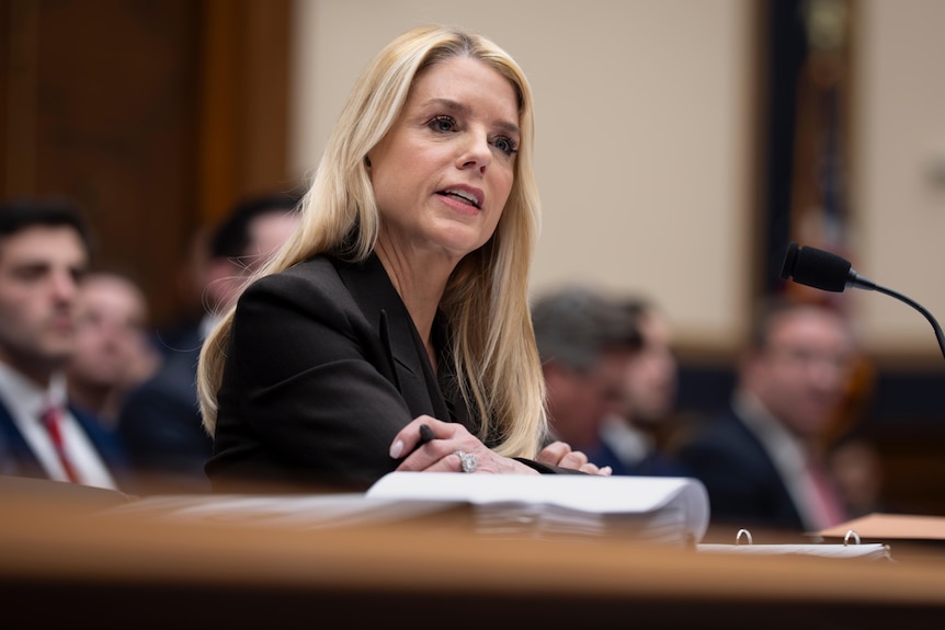a woman with bonde hair in a black suit addresses congress