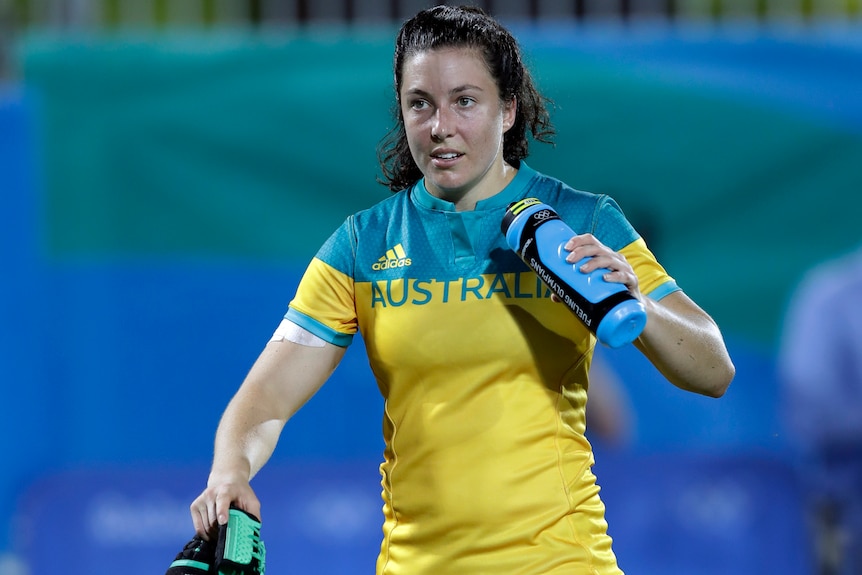 Emilee Cherry after a Rio Olympics match in the women's rugby sevens competition.