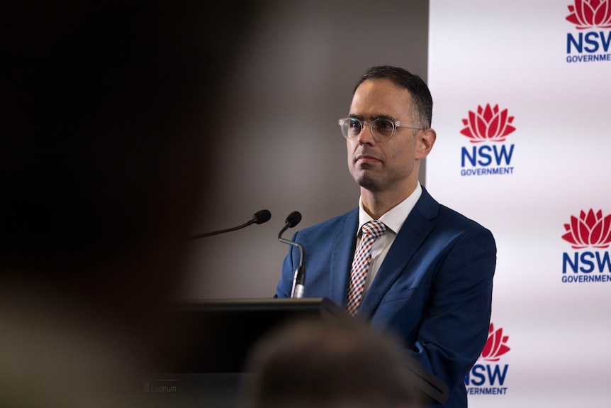 Daniel Mookhey in a suit and tie speaking from a lectern