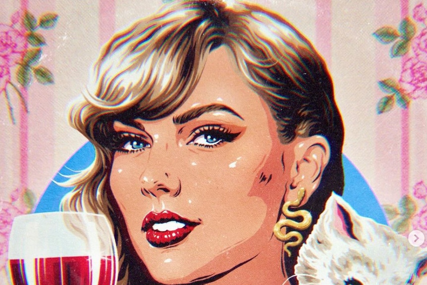 A cartoon of Taylor Swift holding a glass of wine above the words "Childless Cat Lady".