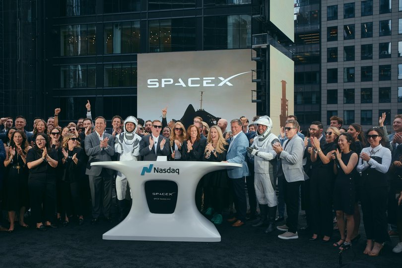 SpaceX executives at the Nasdaq closing bell ceremony on the day of the companys initial public offering in New York, June 12, 2026. 