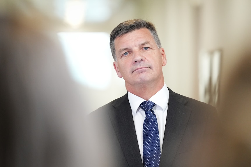 Angus Taylor, wearing a dark suit and blue tie, leans his head to the right.