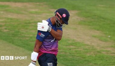 Emilio Gay clutching his right shoulder during Durham's match with Middlesex