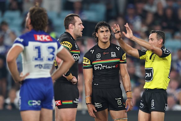 Casey McLean is sin binned for a hit that broke Max King’s jaw.