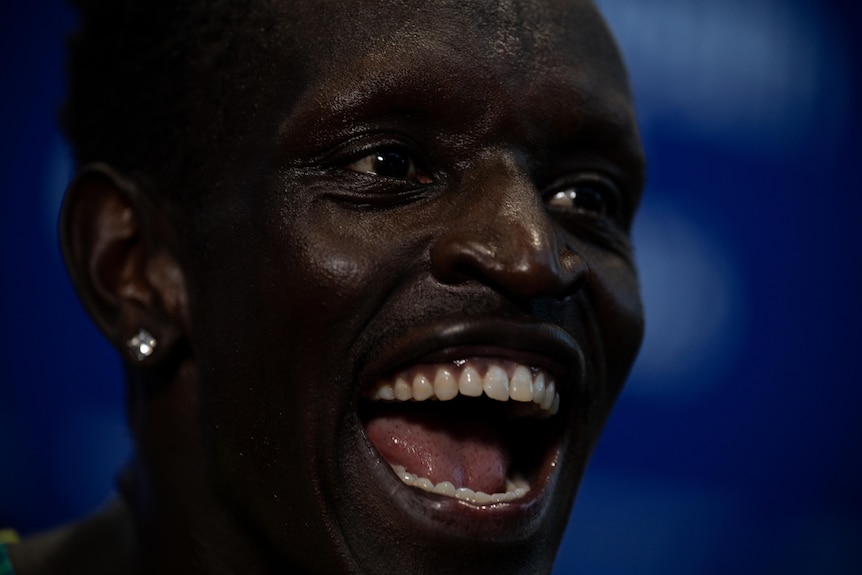 Australian 800m runner Peter Bol cheers at the 2026 Glasgow Commonwealth Games.