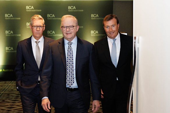 Business Council of Australia president Geoff Culbert, Prime Minister Anthony Albanese and Business Council of Australia chief executive Bran Black arrive at the Business Council of Australia dinner on August 25. 