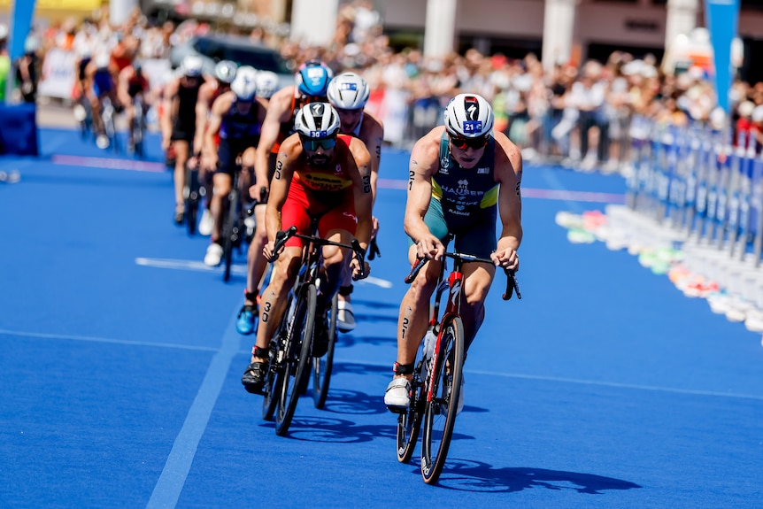 Matt Hauser leads on the bike