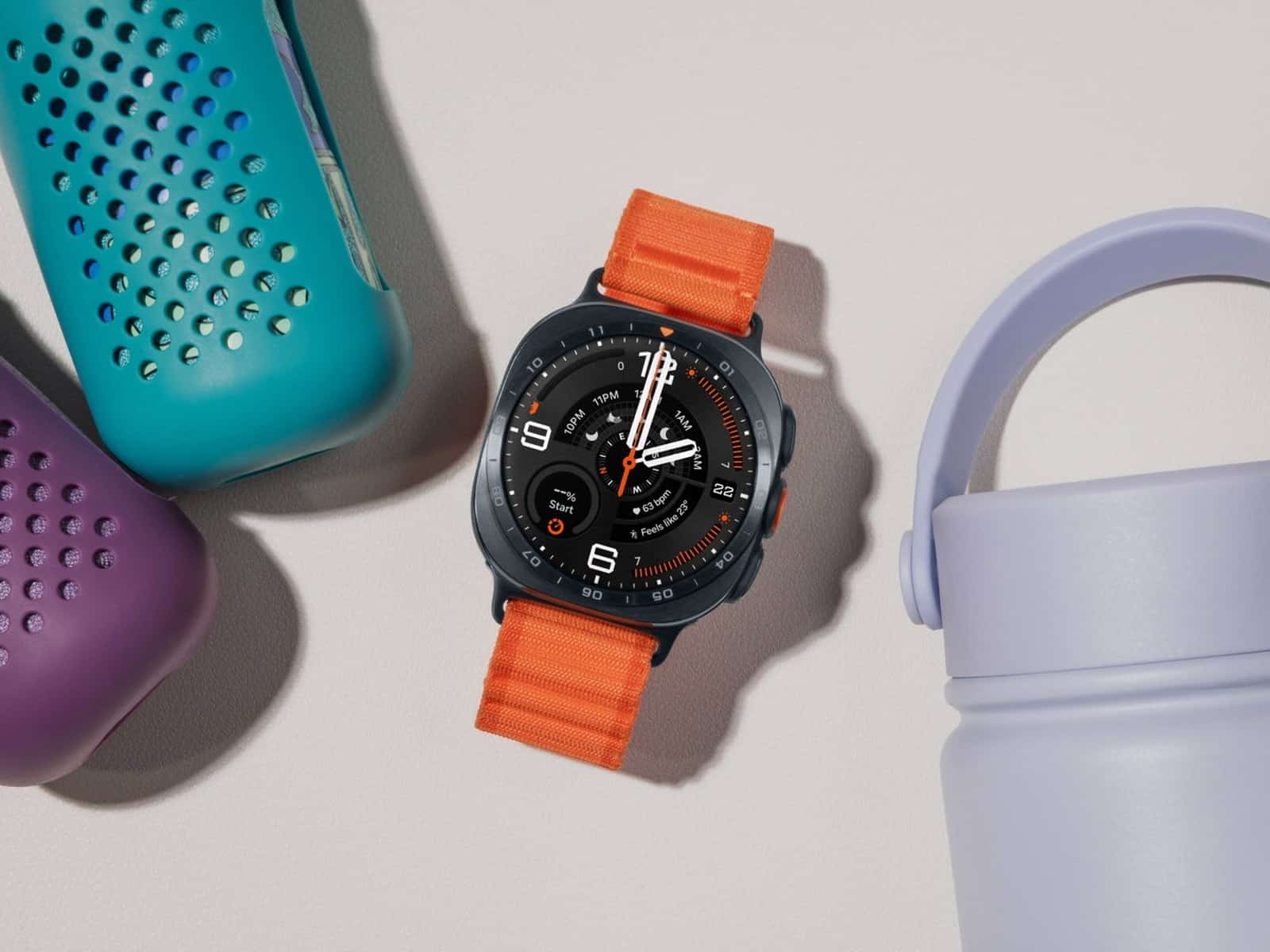Several Samsung Galaxy Watch models shown side by side to compare case sizes and bands.