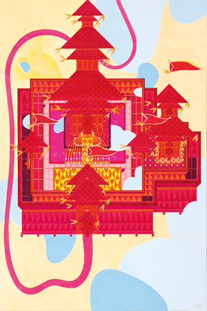 Ajantha-Ranaweera,-2026,-Maligawa-in-the-Sky-I,-Mixed-Media-(Colour-Pencils,-Acrylic-Inks-and-Pen)-on-Arches-300gsm-Watercolour-Paper,-114-x-75