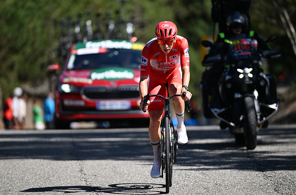 ANDORRA LA VELLA, ANDORRA - AUGUST 25: Tadej Pogacar of Slovenia and UAE Team Emirates XRG - Red Leader Jersey attacks in the breakaway during the La Vuelta - 81st Tour of Spain 2026, Stage 4 a 104.8km from Andorra la Vella to Andorra la Vella / #UCIWT / on August 25, 2026 in Andorra la Vella, Andorra. (Photo by Tim de Waele/Getty Images)