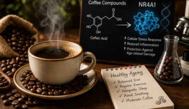 Freshly brewed cup of coffee with roasted coffee beans, representing new research into coffee and healthy ageing.