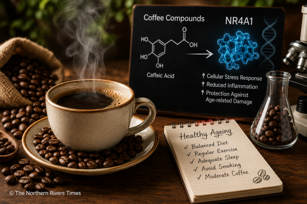 Freshly brewed cup of coffee with roasted coffee beans, representing new research into coffee and healthy ageing.