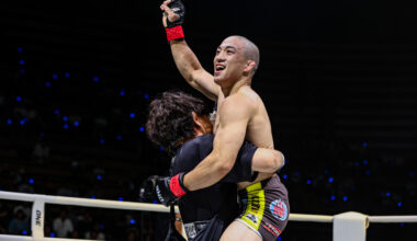 Keito Yamakita celebrates after defeating Koyuru Tanoue at ONE SAMURAI 2