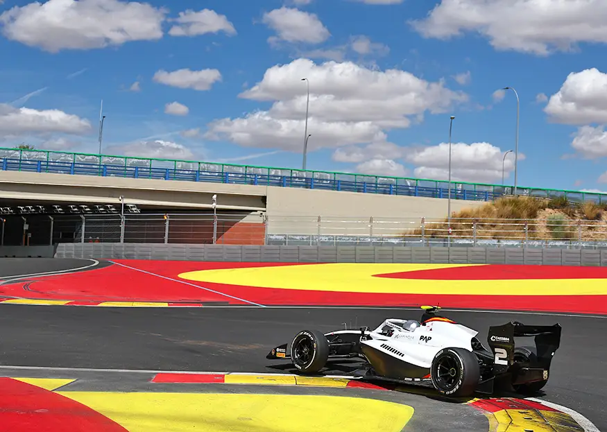 Ugo Ugochukwu's Campos Racing car on the kerb at the Madring circuit