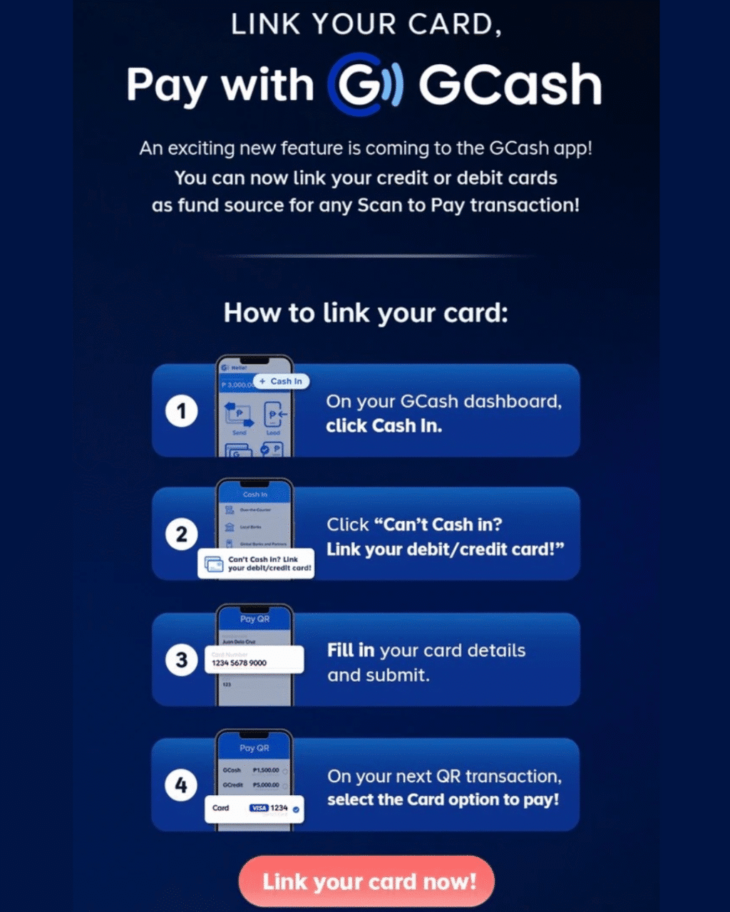 GCash users will soon be able to link up to three (3) Visa and Mastercard credit or debit cards for direct, instant payments- no need to cash in!