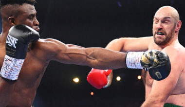 Francis Ngannou lands a punch on Tyson Fury in his split decision loss back in 2023
