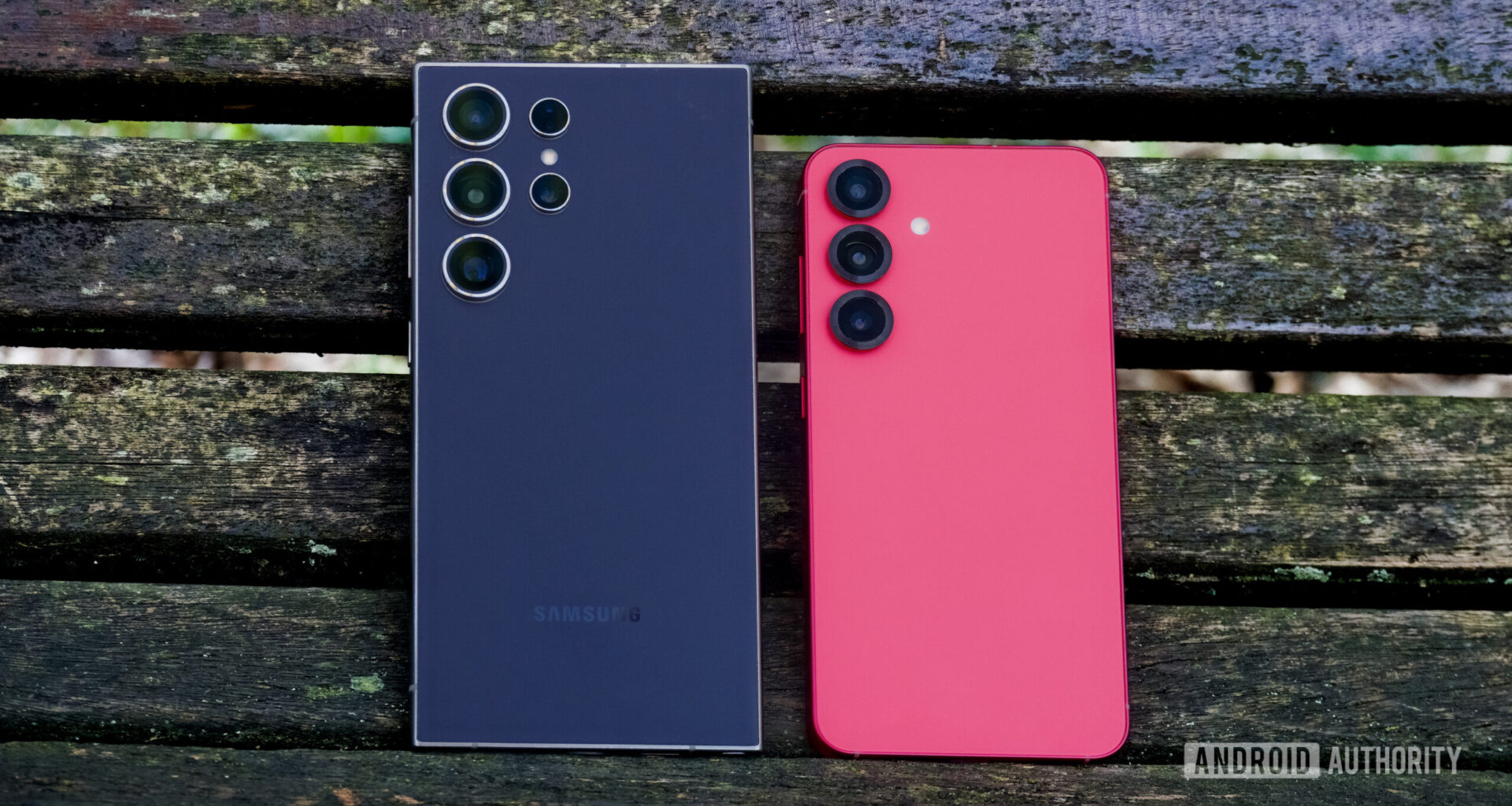 A Galaxy S24 Ultra and a Galaxy S25 on a bench