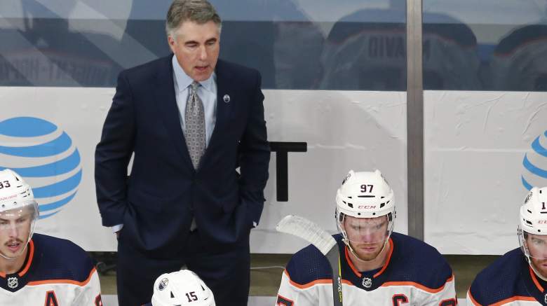 Head coach Dave Tippettof the Edmonton Oilers looks on against the Chicago Blackhawks during the first period in Game Three of the Western Conference Qualification Round prior to the 2020 NHL Stanley Cup Playoffs at Rogers Place on August 05, 2020 in Edmonton, Alberta.