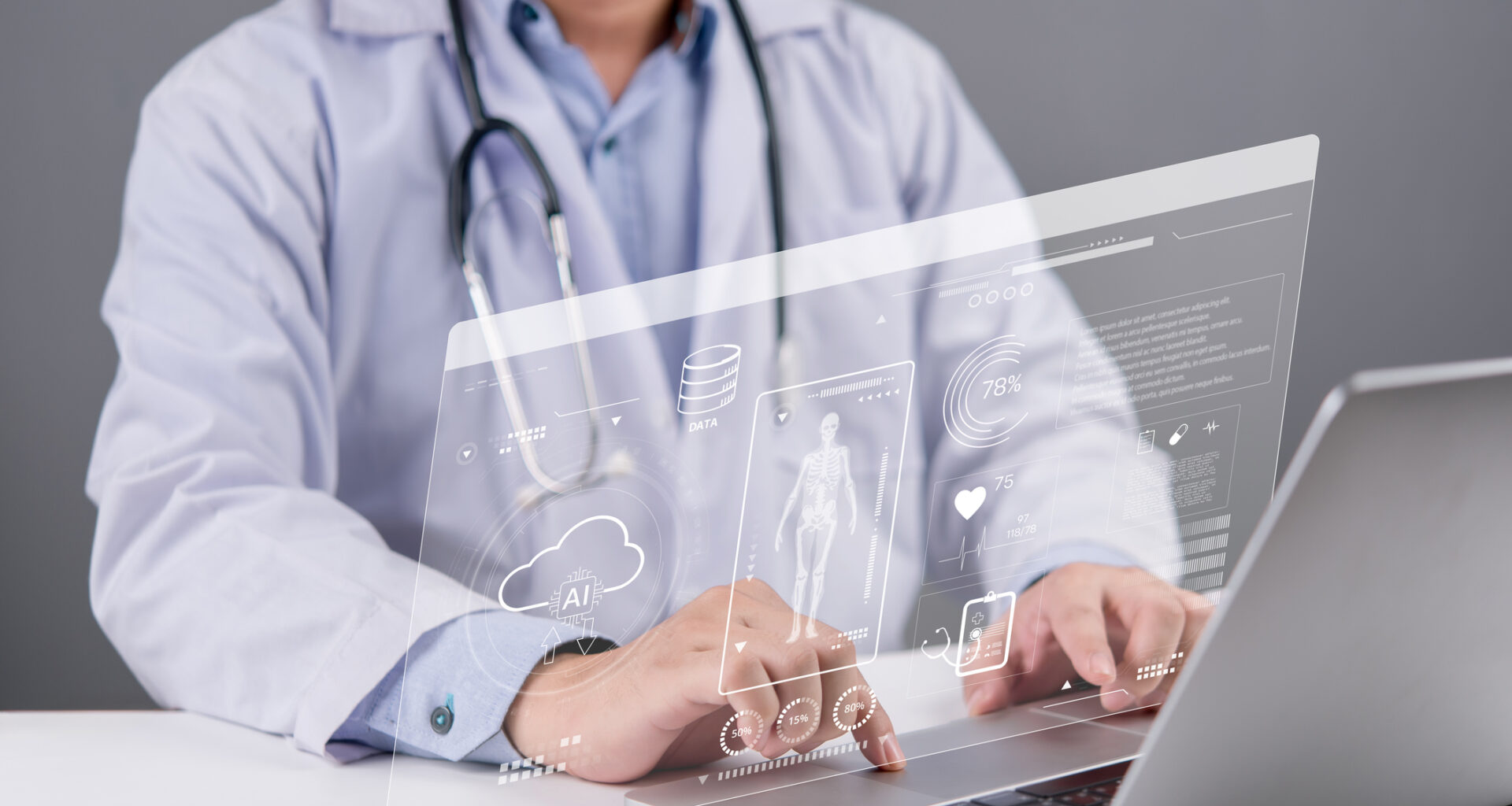 doctor or medical researcher analyzing patient data on health technology, artificial intelligence, and digital medical innovations. Modern healthcare cloud concept for research and diagnostics.
