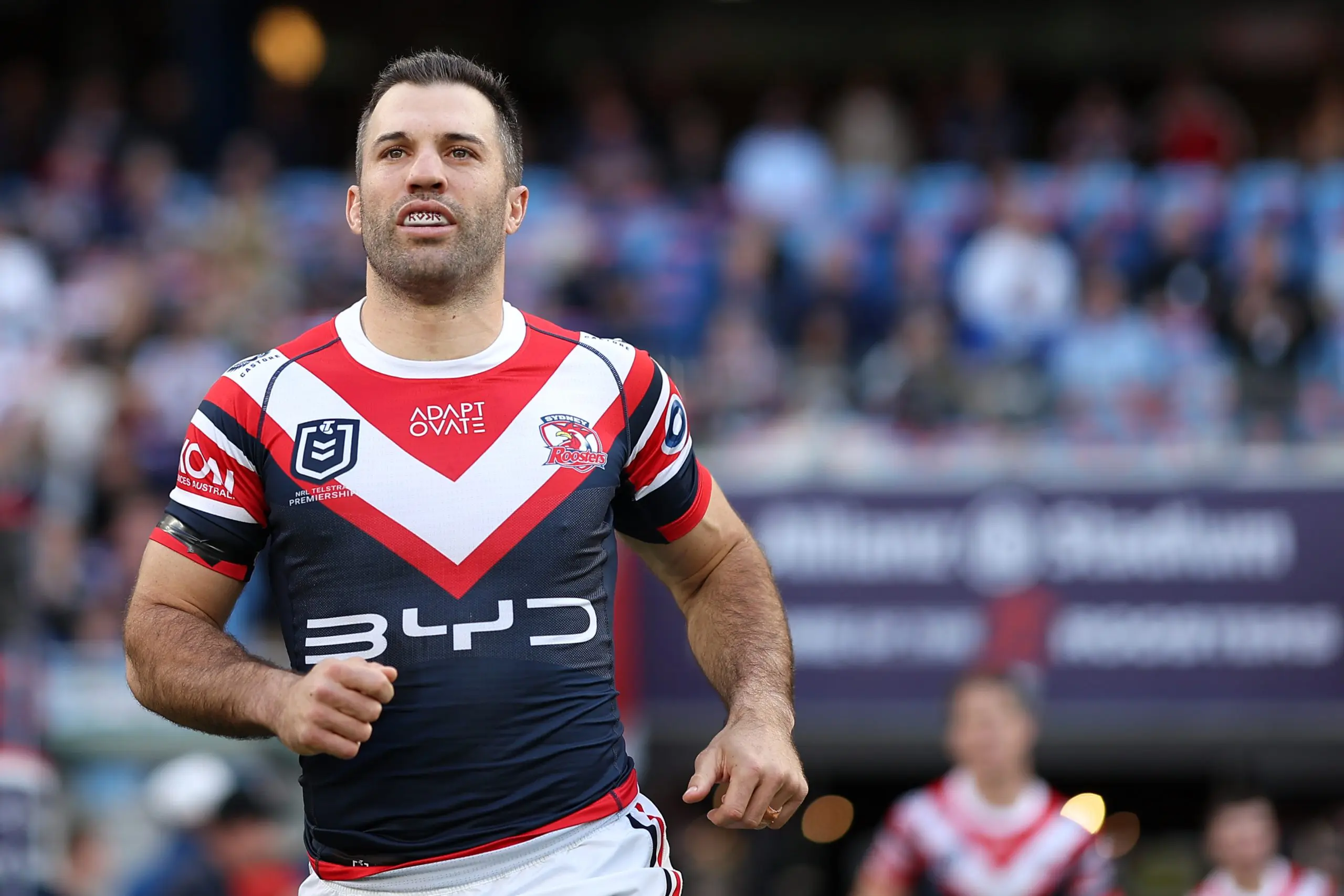 SYDNEY, AUSTRALIA - JULY 06: James Tedesco of the Roosters runs out during the round 18 NRL match between Sydney Roosters and Wests Tigers at Allianz Stadium, on July 06, 2025, in Sydney, Australia. (Photo by Jeremy Ng/Getty Images)