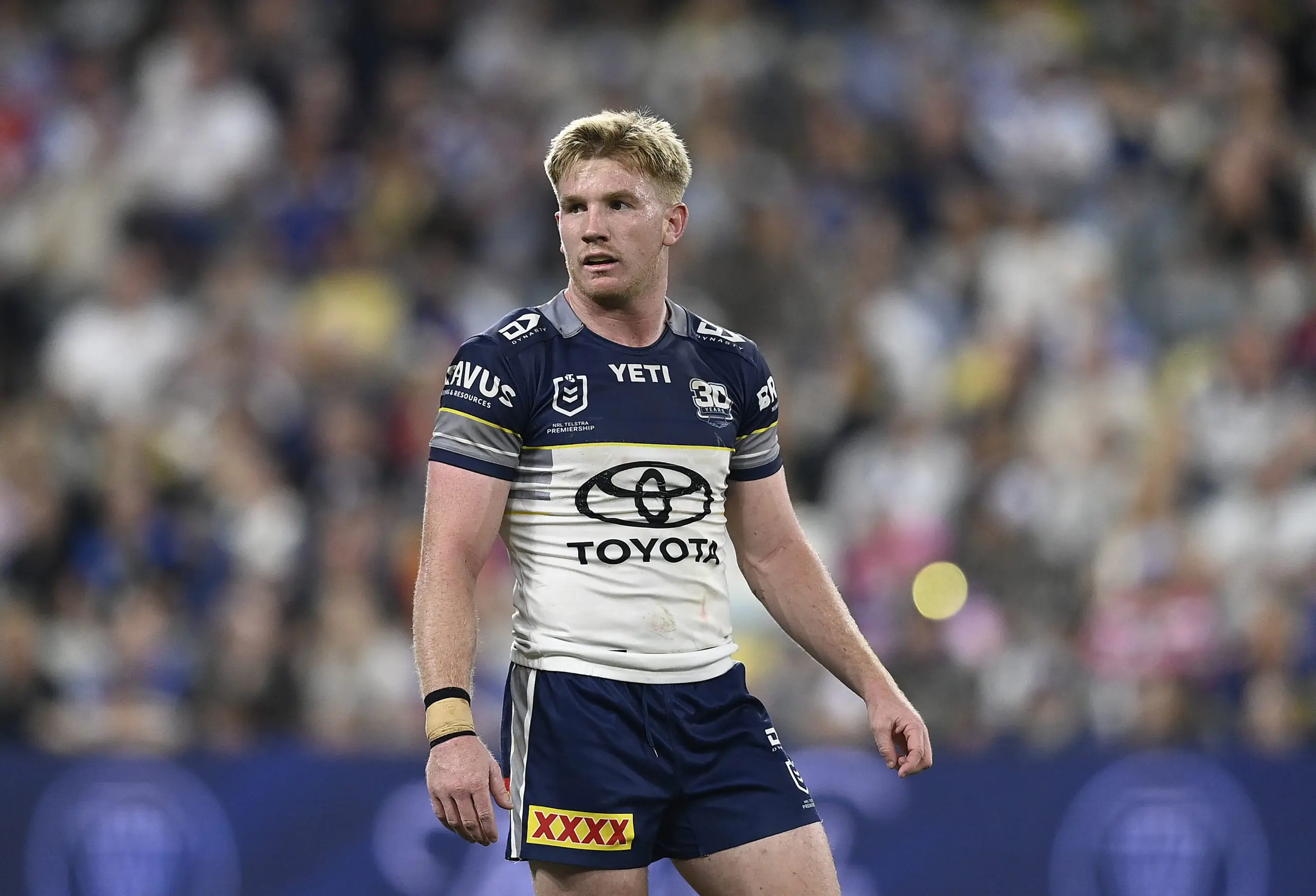 TOWNSVILLE, AUSTRALIA - JULY 12: Tom Dearden of the Cowboys looks on during the round 19 NRL match between North Queensland Cowboys and Canterbury Bulldogs at Queensland Country Bank Stadium, on July 12, 2025, in Townsville, Australia. (Photo by Ian Hitchcock/Getty Images)