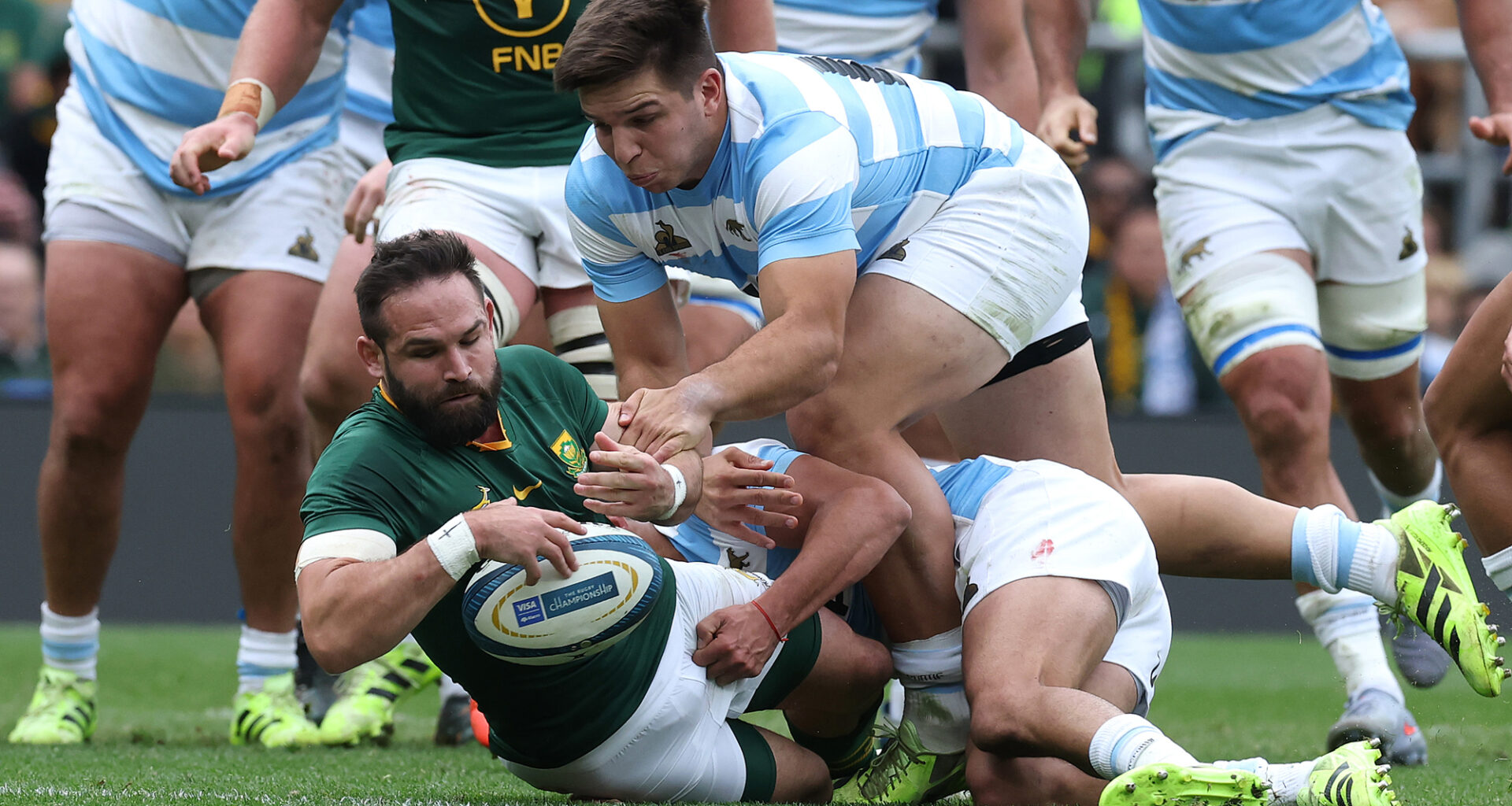 South Africa's Cobus Reinach touches down a try during the 2025 Nations Championship match against Argentina in London.