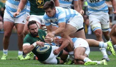 South Africa's Cobus Reinach touches down a try during the 2025 Nations Championship match against Argentina in London.