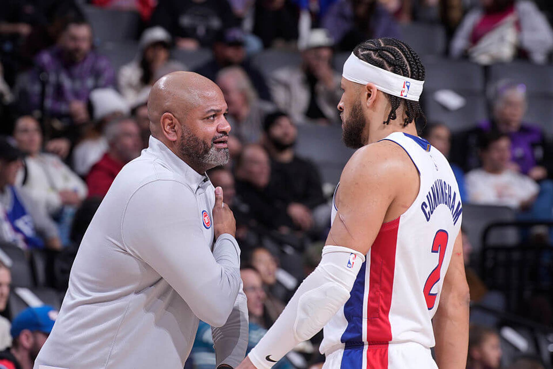 Pistons coach J.B. Bickerstaff and star player Cade Cunningham.