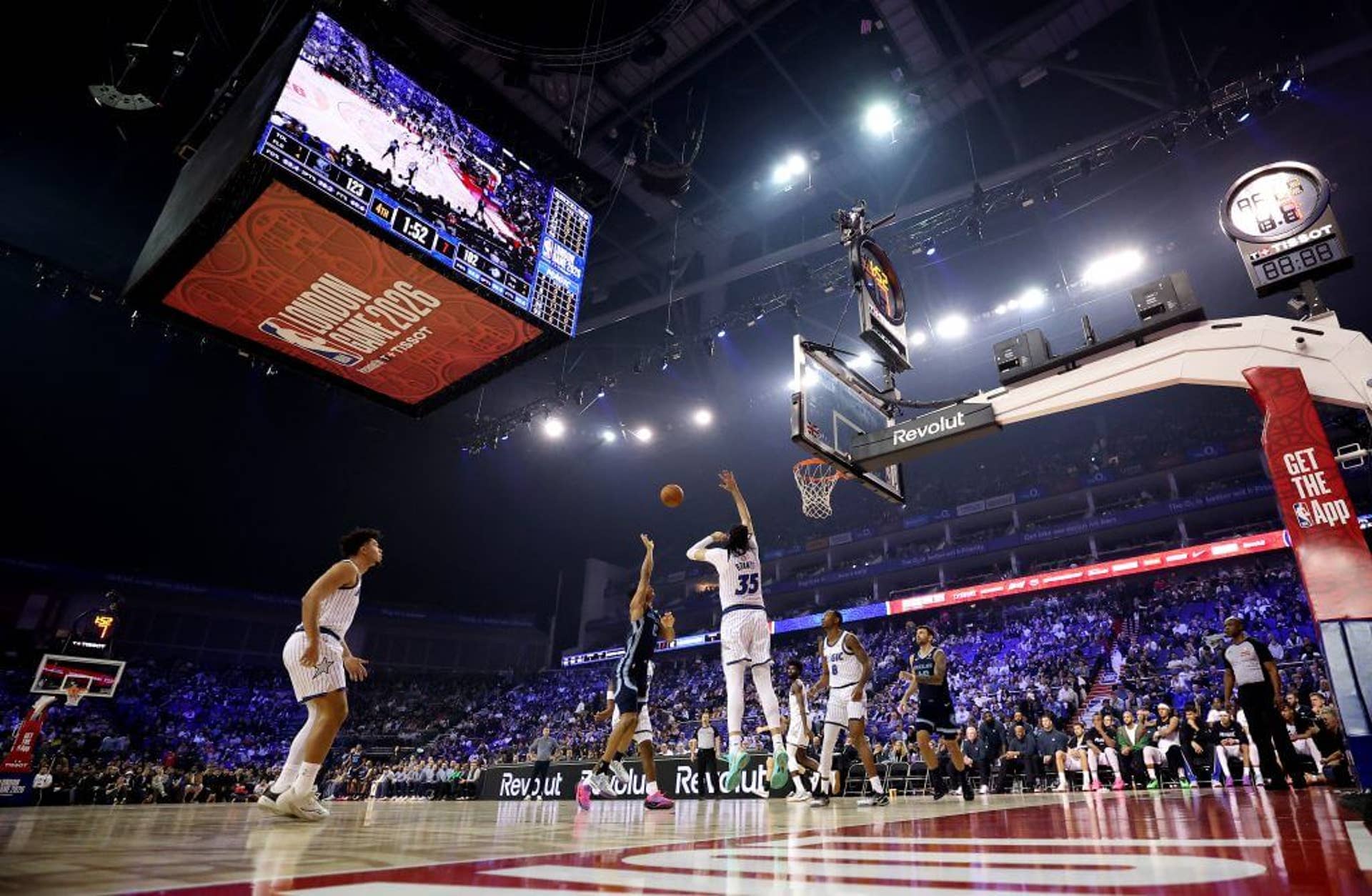 A general view of a basketball game from the ground level