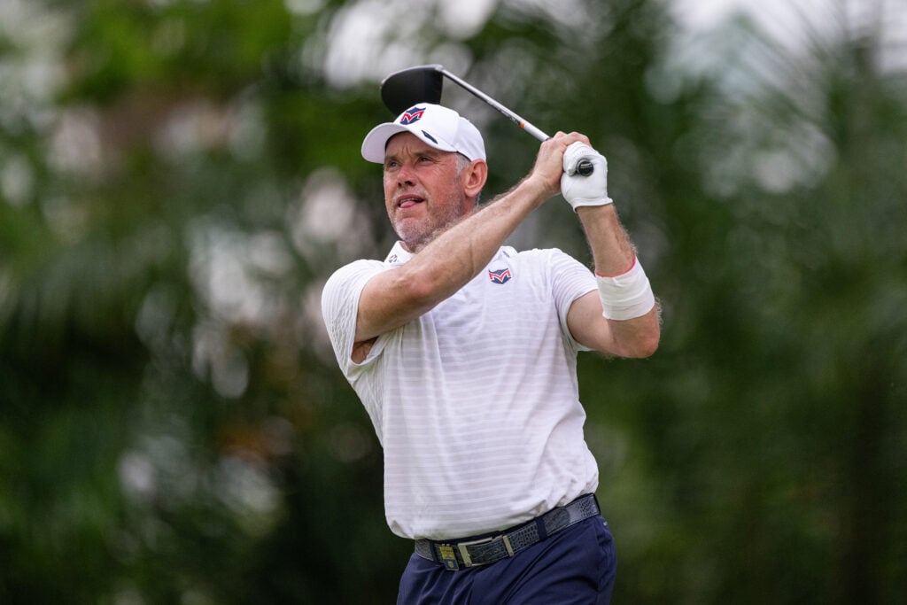 Lee Westwood hits a tee shot during the second round of LIV Golf Singapore