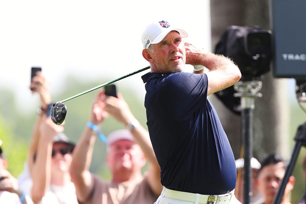 Lee Westwood of Majesticks Golf Club tees off at 9th hole during day three of LIV Golf Singapore at Sentosa Golf Club