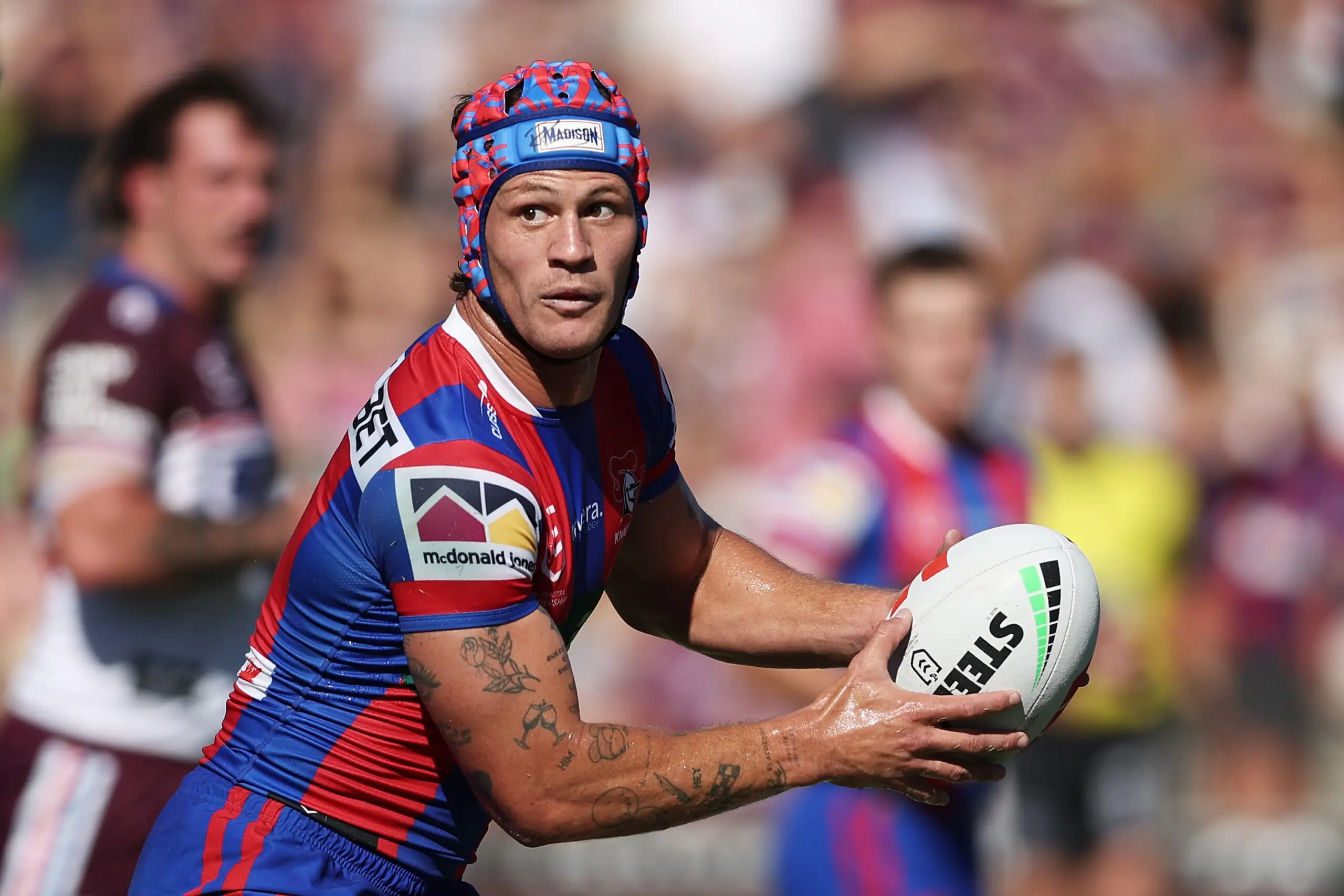 SYDNEY, AUSTRALIA - MARCH 15:  Kalyn Ponga of the Knights runs with the ball during the round two NRL match between Manly Sea Eagles and Newcastle Knights at 4 Pines Park, on March 15, 2026, in Sydney, Australia. (Photo by Matt King/Getty Images)