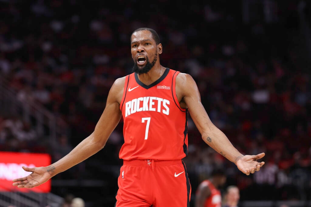 Kevin Durant #7 of the Houston Rockets reacts during the first half against the Toronto Raptors at Toyota Center.