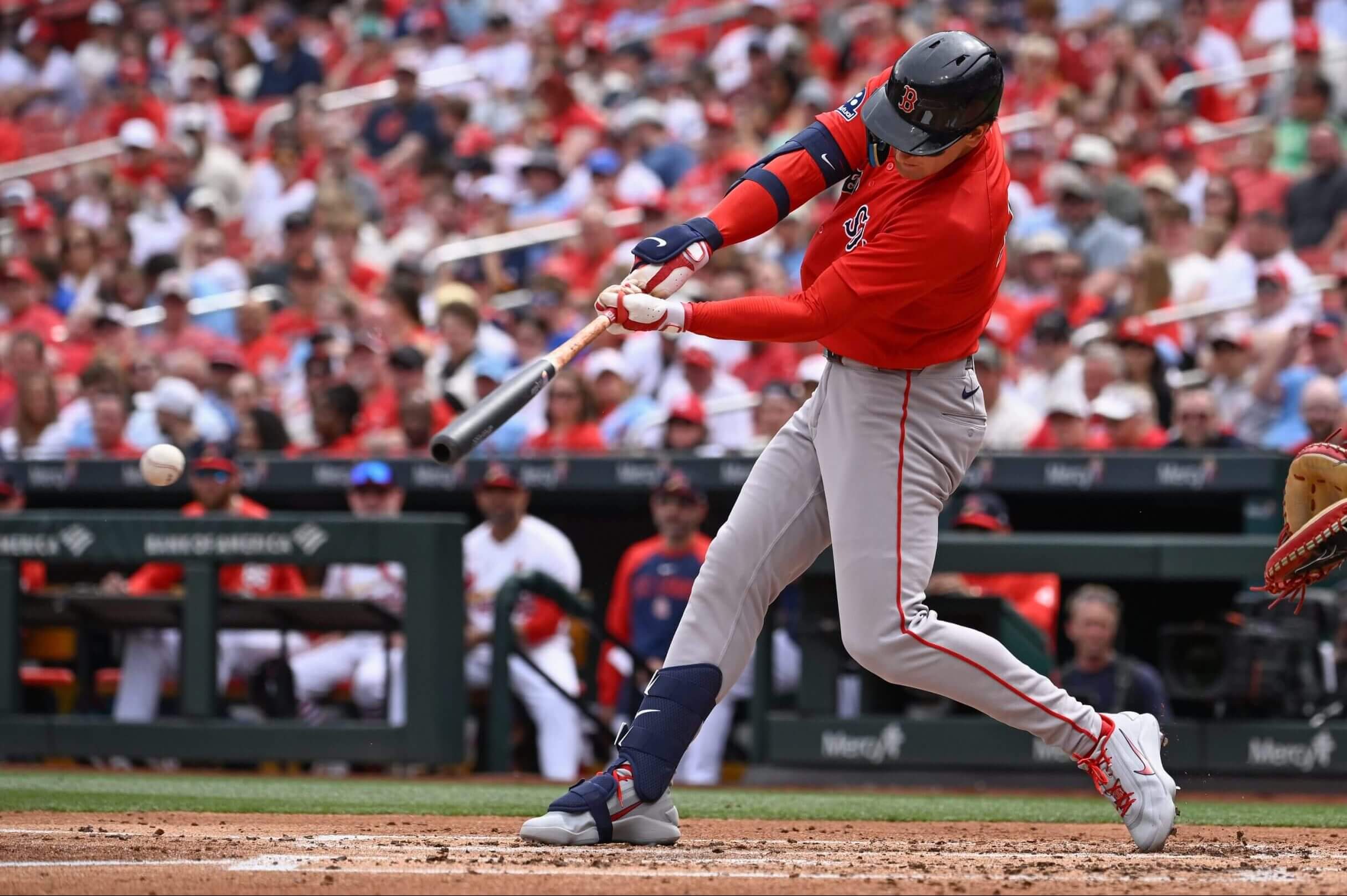 Boston's Roman Anthony takes a swing in a game at St. Louis.