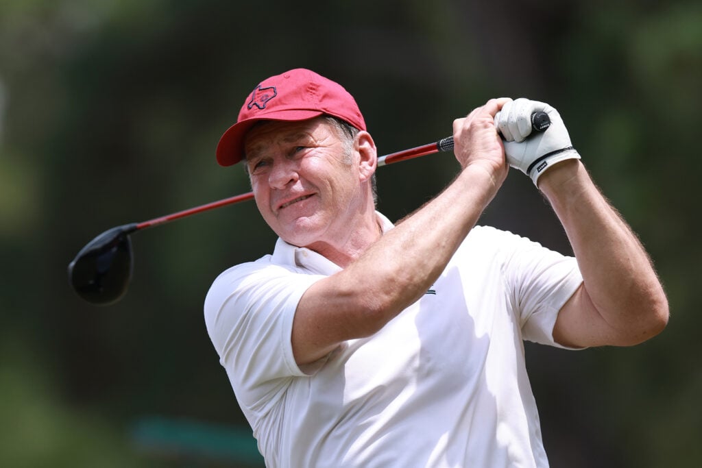 Sir Nick Faldo in action at the Folds of Honor Greats of Golf during the Insperity Invitational at The Woodlands Golf Club