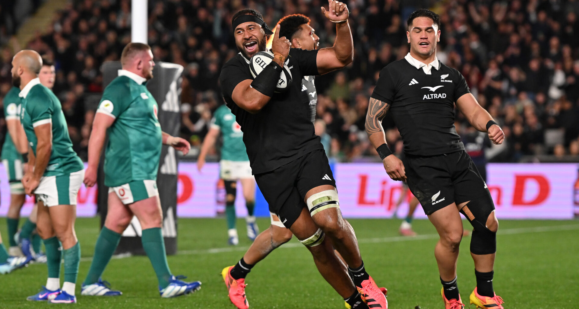 New Zealand's Patrick Tuipulotu celebrates scoring his team's first try during the July 2026 Nations Championship match against Ireland.