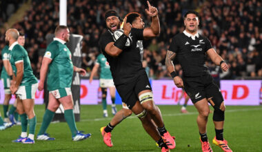 New Zealand's Patrick Tuipulotu celebrates scoring his team's first try during the July 2026 Nations Championship match against Ireland.