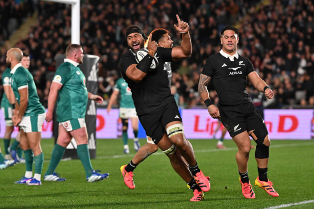 New Zealand's Patrick Tuipulotu celebrates scoring his team's first try during the July 2026 Nations Championship match against Ireland.