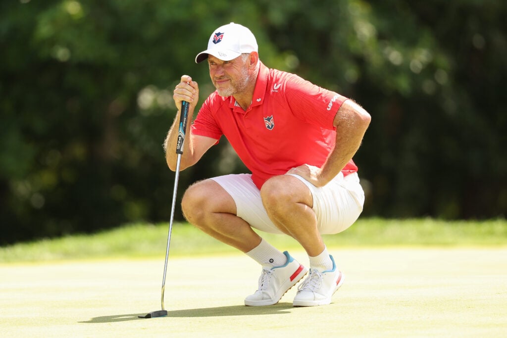 Lee Westwood looks on from the second green during day four of LIV Golf New York at Trump National Golf Club