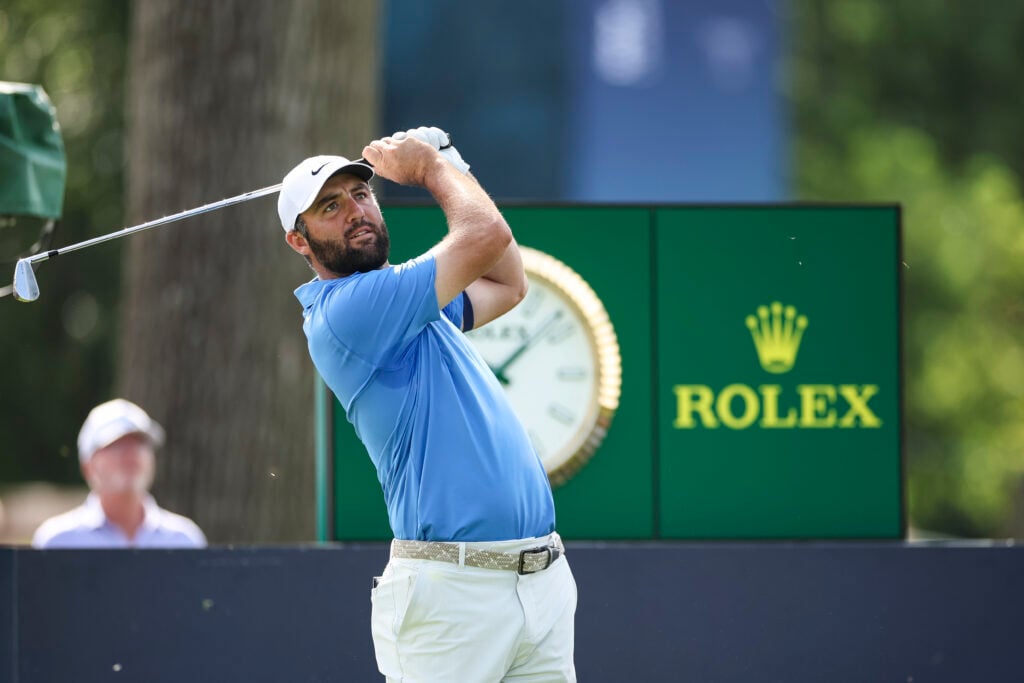 Scottie Scheffler of the United States plays a shot from the 6th tee prior to the BMW Championship at Bellerive Country Club