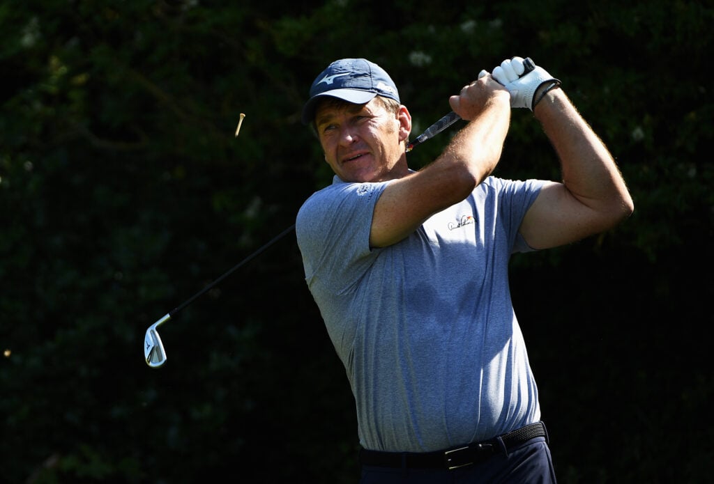 Sir Nick Faldo tees off during a practice round at Royal Birkdale ahead of the 2017 Open Championship