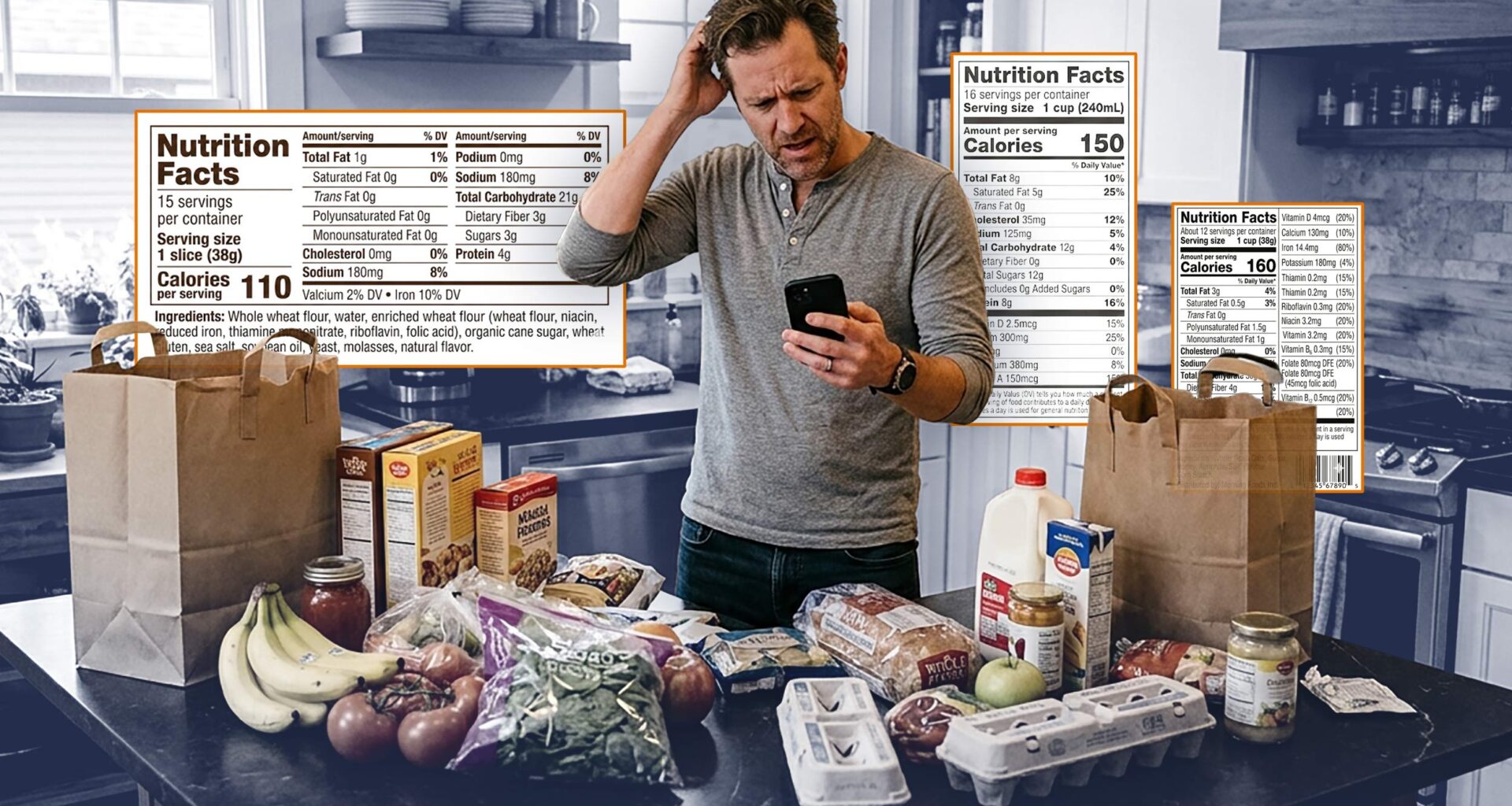 Man in kitchen looking at his phone in a confused way.